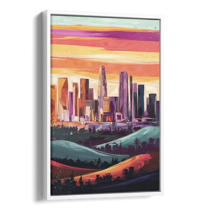Los Angeles Skyline at Sunset Side - White Canvas Wall Art