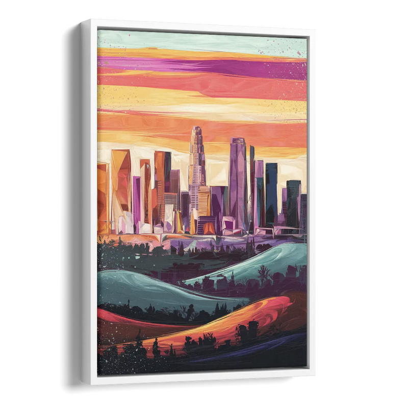 Los Angeles Skyline at Sunset Side - White Canvas Wall Art