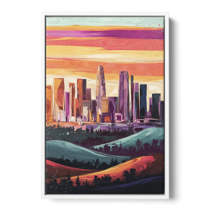 Los Angeles Skyline at Sunset Front - White Canvas Wall Art