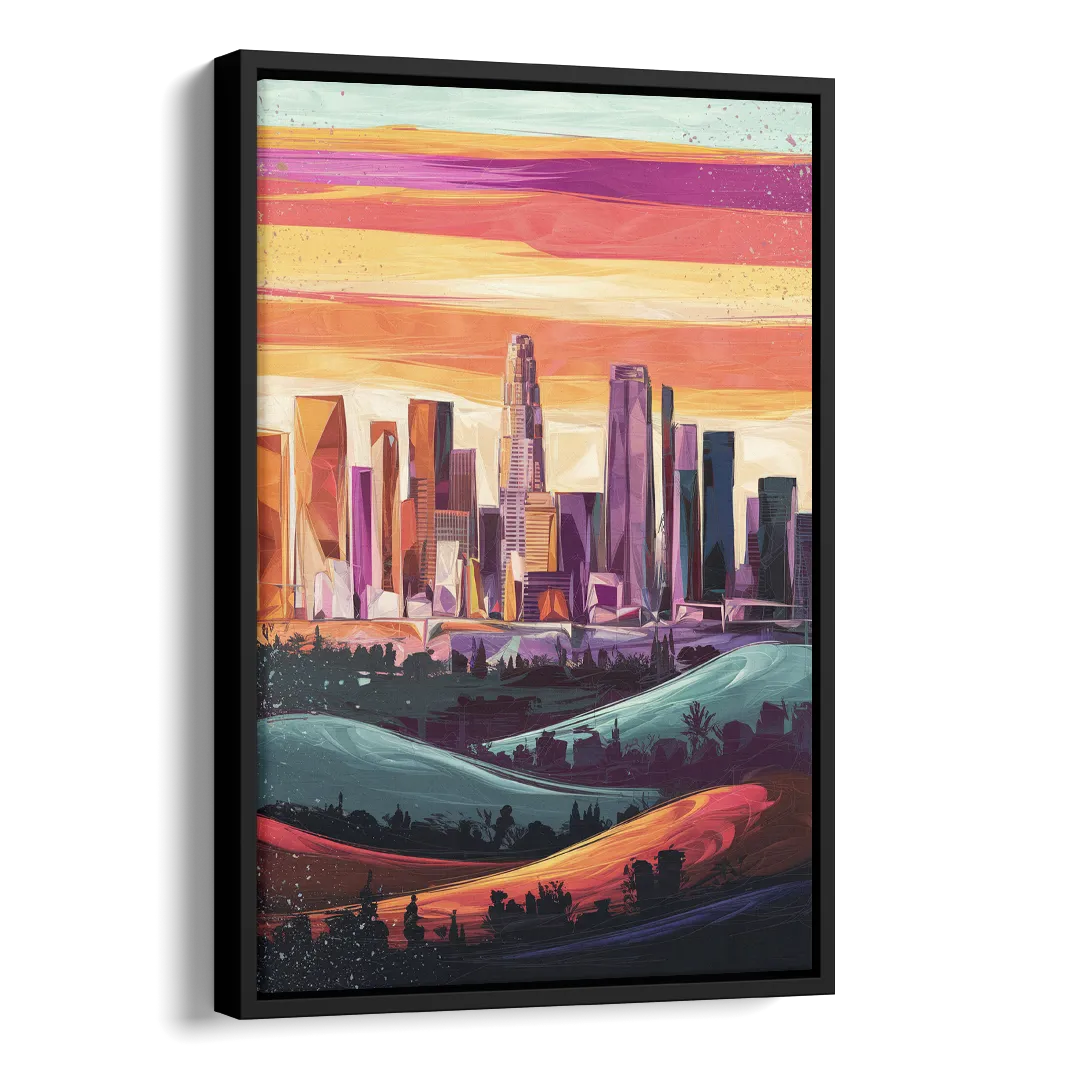 Los Angeles Skyline at Sunset Side - Black Canvas Wall Art