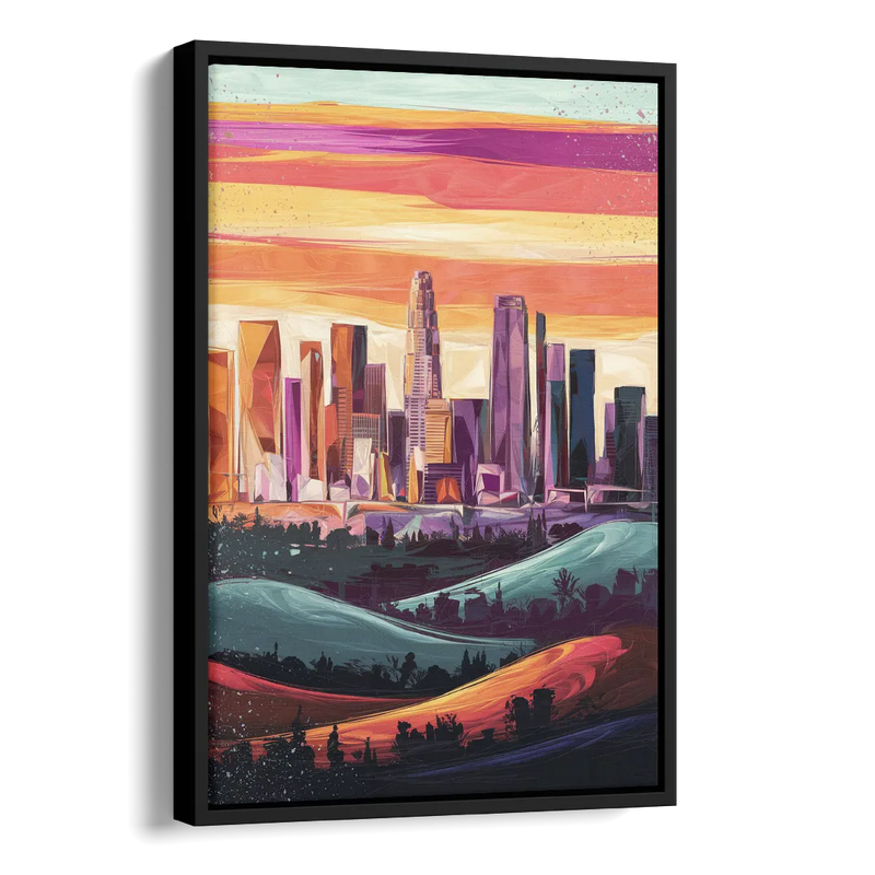Los Angeles Skyline at Sunset Side - Black Canvas Wall Art