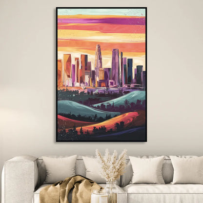 Los Angeles Skyline at Sunset Living Room - Black Canvas Wall Art