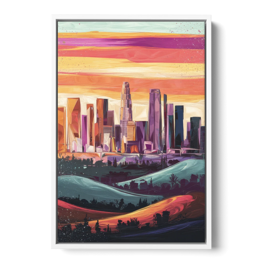 Los Angeles Skyline at Sunset - White Framed Canvas Wall Art - Front