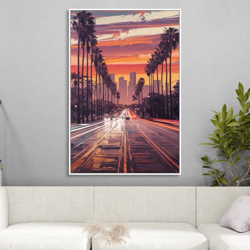 Los Angeles Sunset Boulevard Sitting Room - White Canvas Wall Art