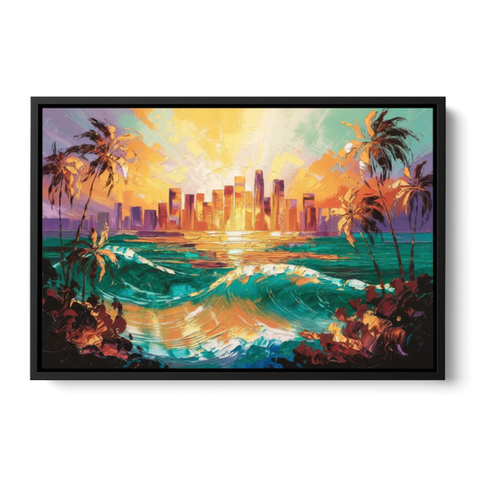 Los Angeles Sunset Over The Ocean - Black Framed Canvas Wall Art - Front