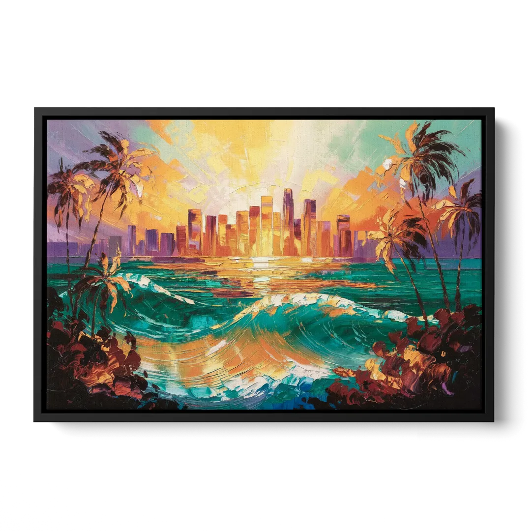 Los Angeles Sunset Over The Ocean Front - Black Canvas Wall Art
