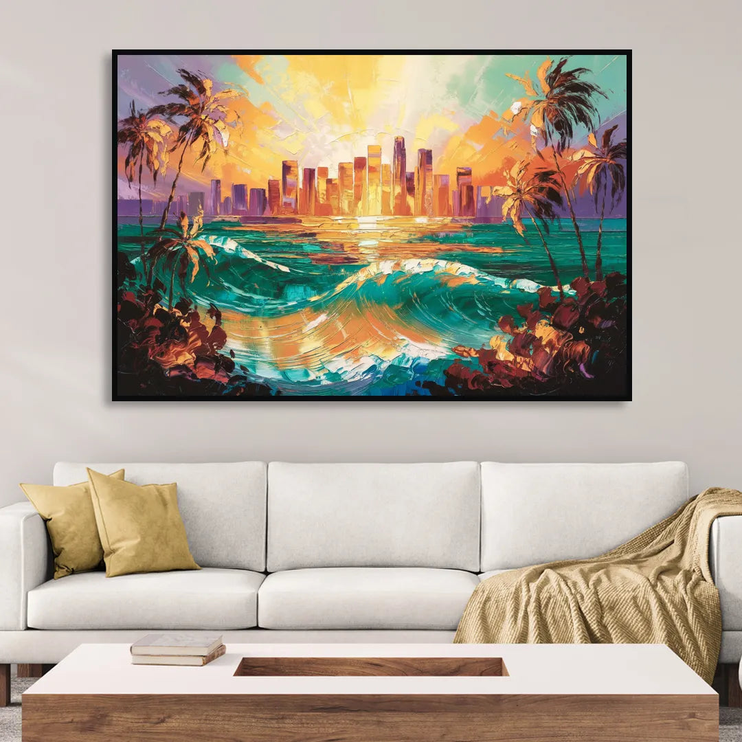 Los Angeles Sunset Over The Ocean Sitting Room - Black Canvas Wall Art