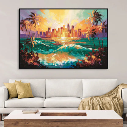 Los Angeles Sunset Over The Ocean Sitting Room - Black Canvas Wall Art