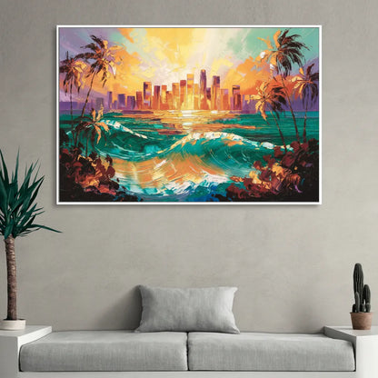 Los Angeles Sunset Over The Ocean Sitting Room - White Canvas Wall Art