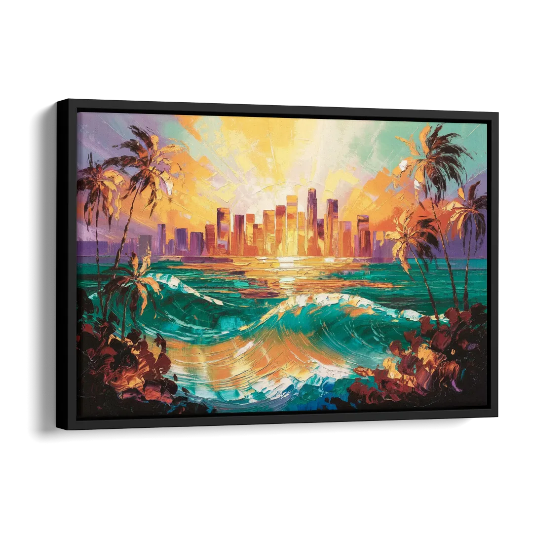 Los Angeles Sunset Over The Ocean Side - Black Canvas Wall Art