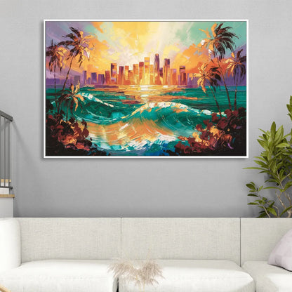 Los Angeles Sunset Over The Ocean Living Room - White Canvas Wall Art