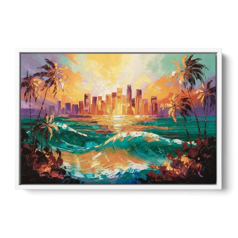 Los Angeles Sunset Over The Ocean Front - White Canvas Wall Art