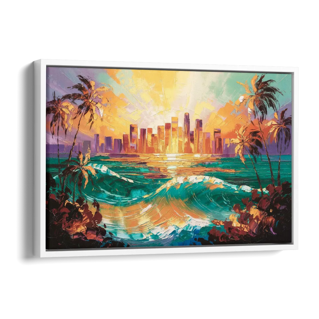 Los Angeles Sunset Over The Ocean Side - White Canvas Wall Art