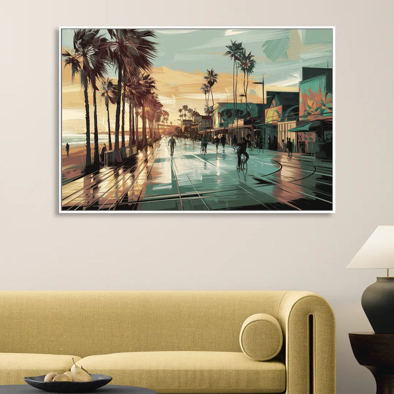 Los Angeles Venice Beach Boardwalk Sitting Room - White Canvas Wall Art