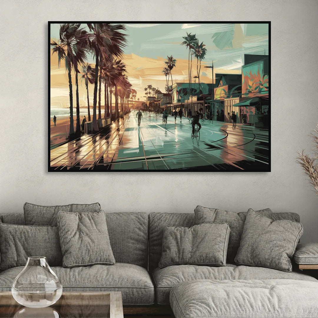 Los Angeles Venice Beach Boardwalk Sitting Room - Black Canvas Wall Art