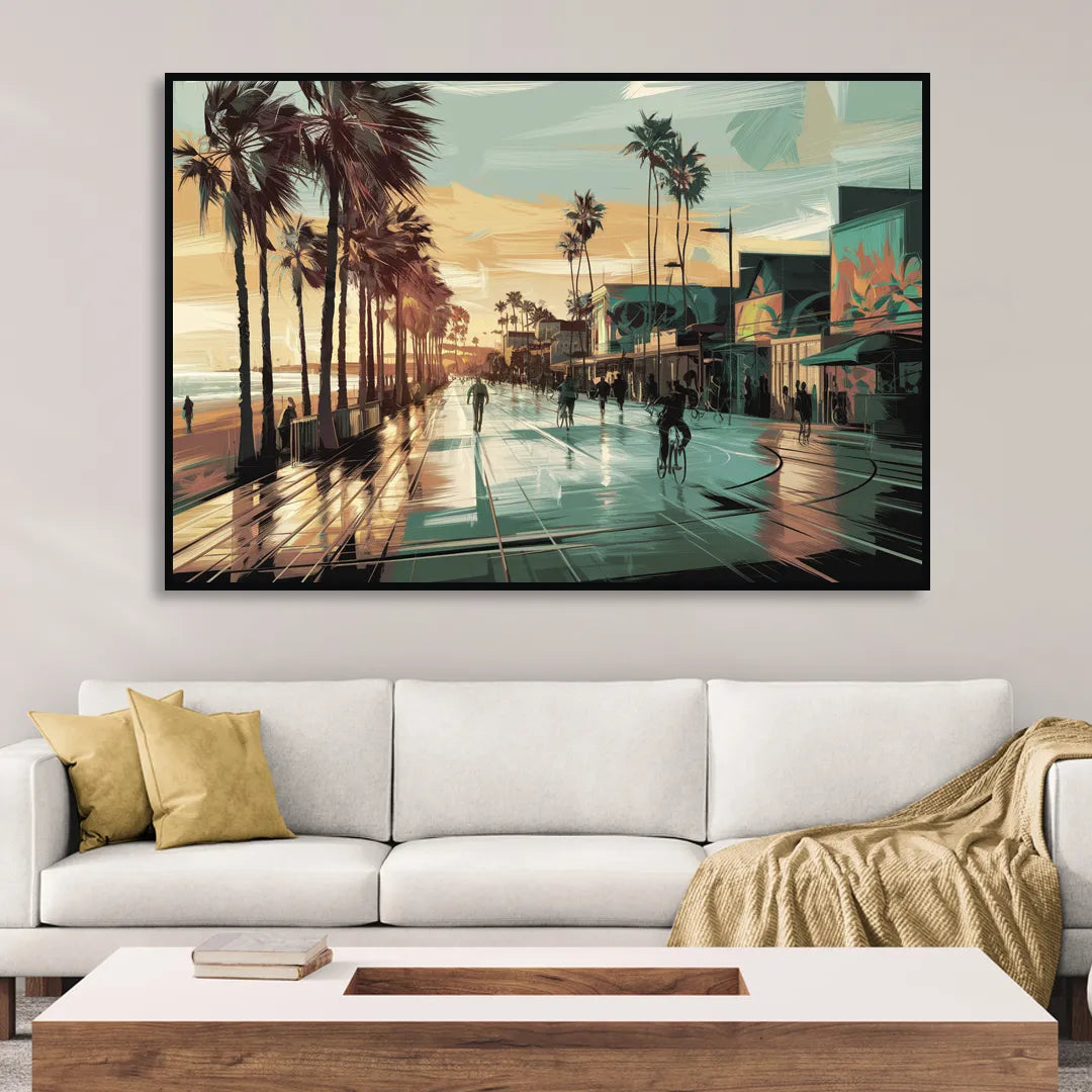Los Angeles Venice Beach Boardwalk Living Room - Black Canvas Wall Art