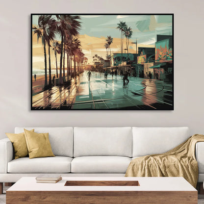 Los Angeles Venice Beach Boardwalk Living Room - Black Canvas Wall Art