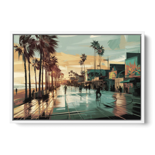 Los Angeles Venice Beach Boardwalk - White Framed Canvas Wall Art - Front