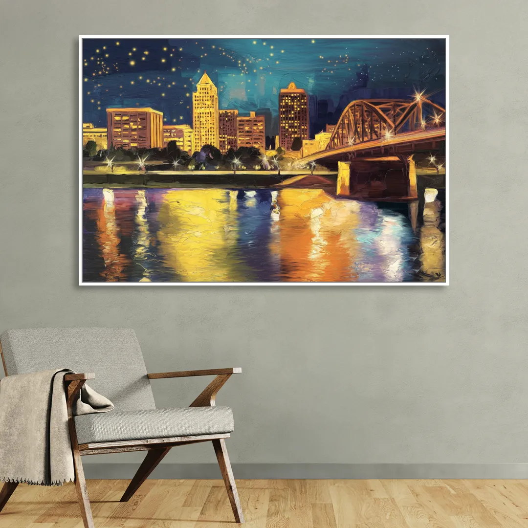 Louisville Cityscape Glow Living Room - White Canvas Wall Art