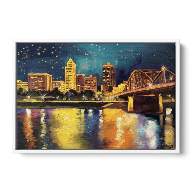 Louisville Cityscape Glow Front - White Canvas Wall Art