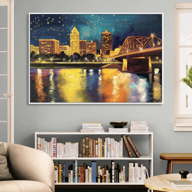 Louisville Cityscape Glow Sitting Room - White Canvas Wall Art