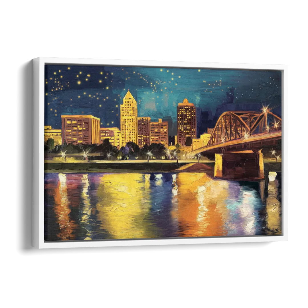 Louisville Cityscape Glow Side - White Canvas Wall Art