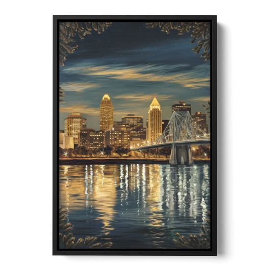 Louisville Downtown Skyline - Black Framed Canvas Wall Art - Front