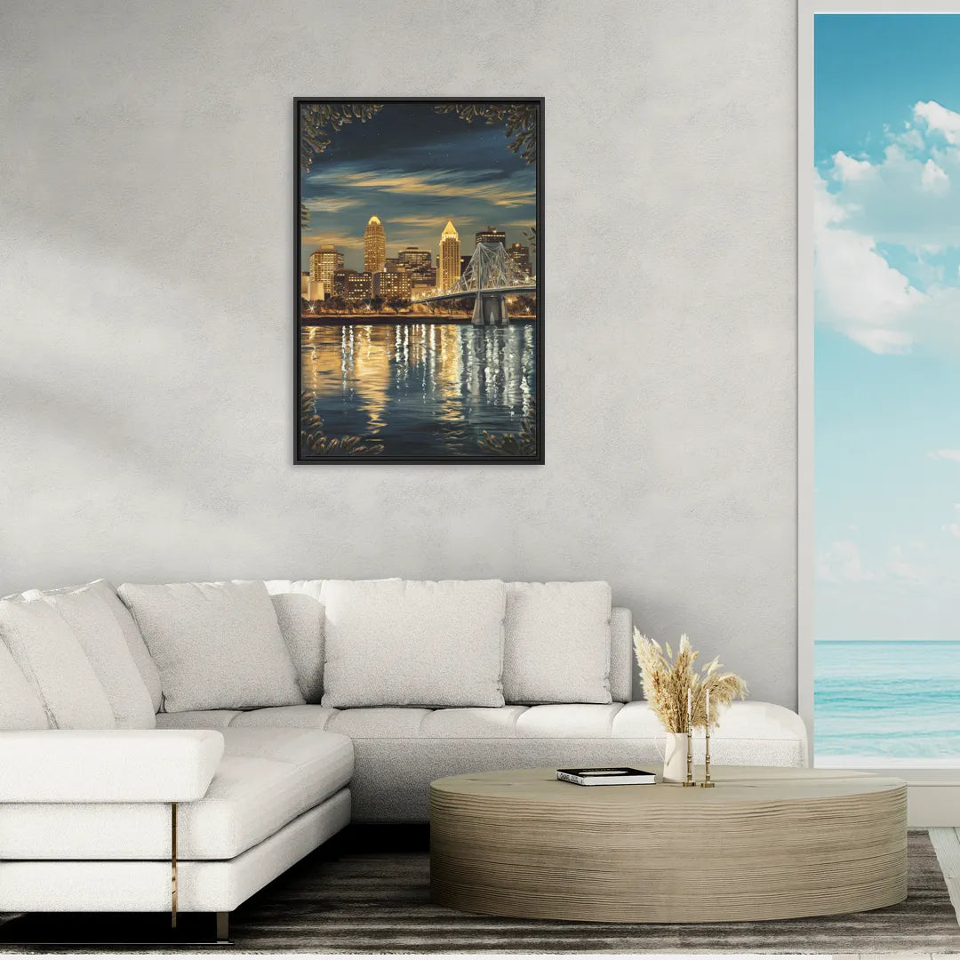 Louisville Downtown Skyline - Living Room Black Frame Canvas