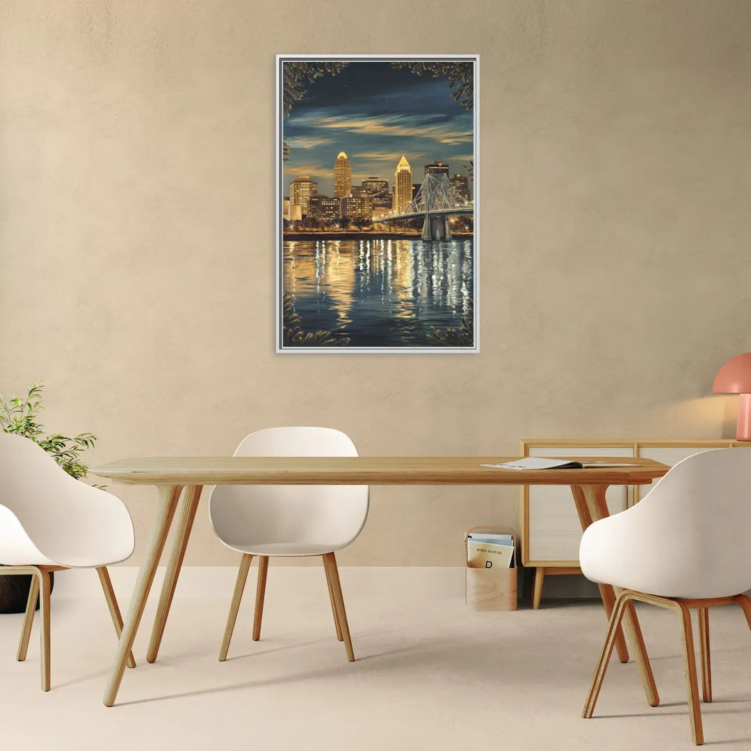 Louisville Downtown Skyline - Living Room White Frame Canvas