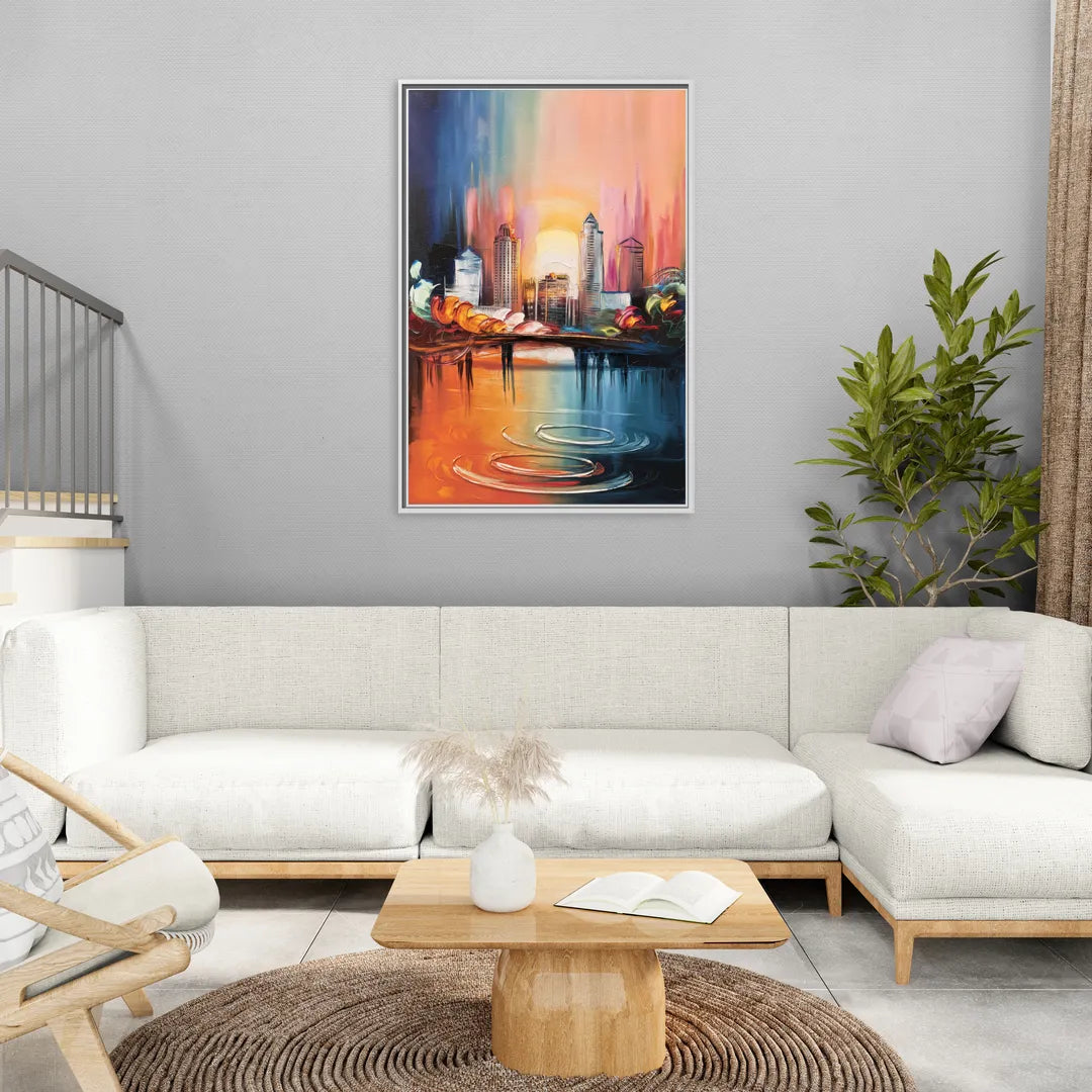 Louisville Skyline at Sunrise - Living Room White Frame Canvas