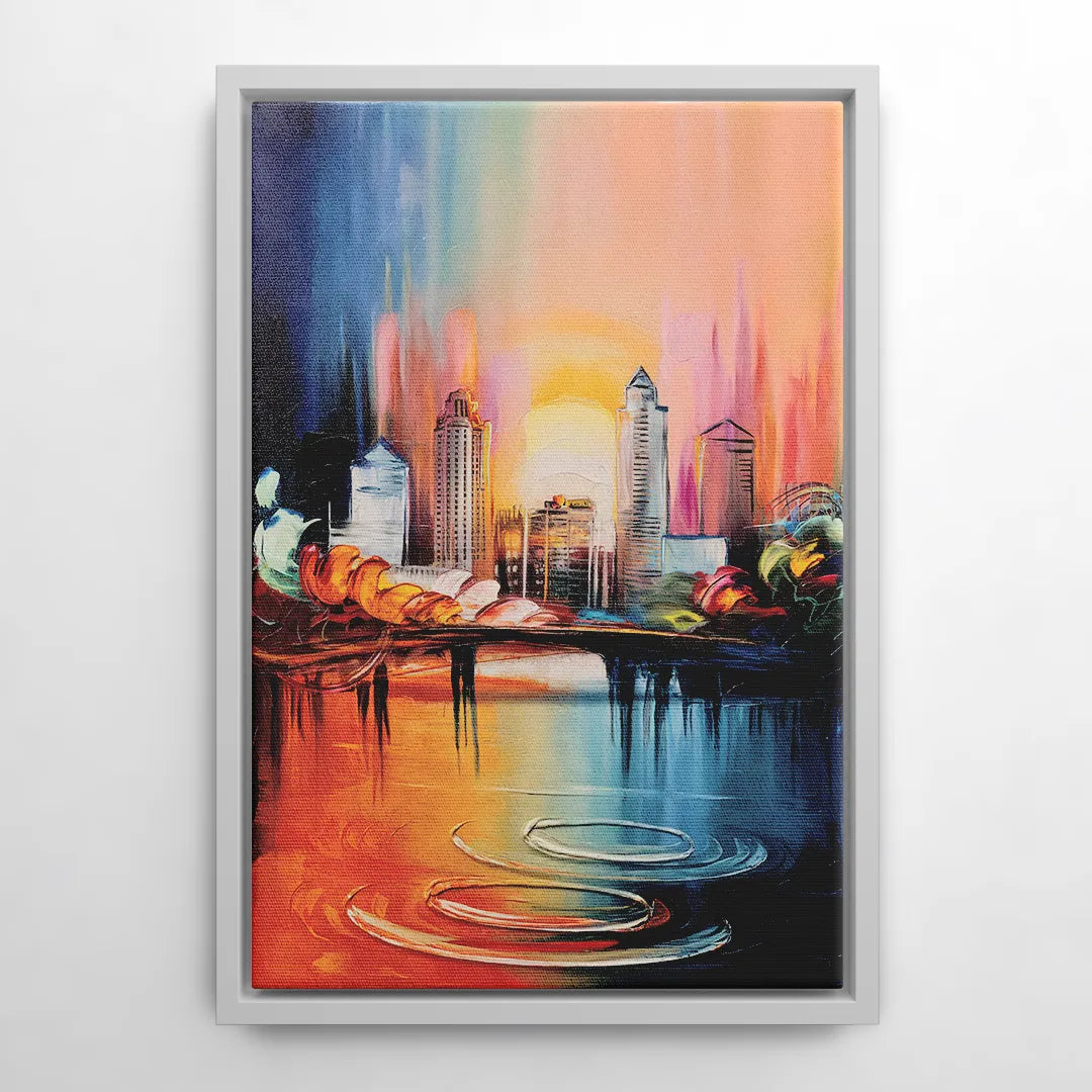 Louisville Skyline at Sunrise - White Frame Canvas