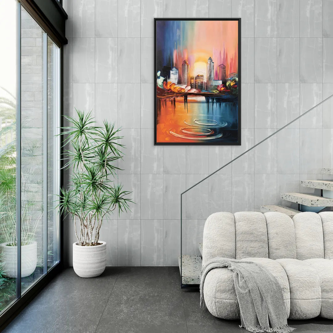 Louisville Skyline at Sunrise - Living Room Black Frame Canvas
