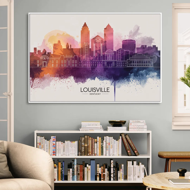 Louisville Sunset Over Skyline Living Room - White Canvas Wall Art