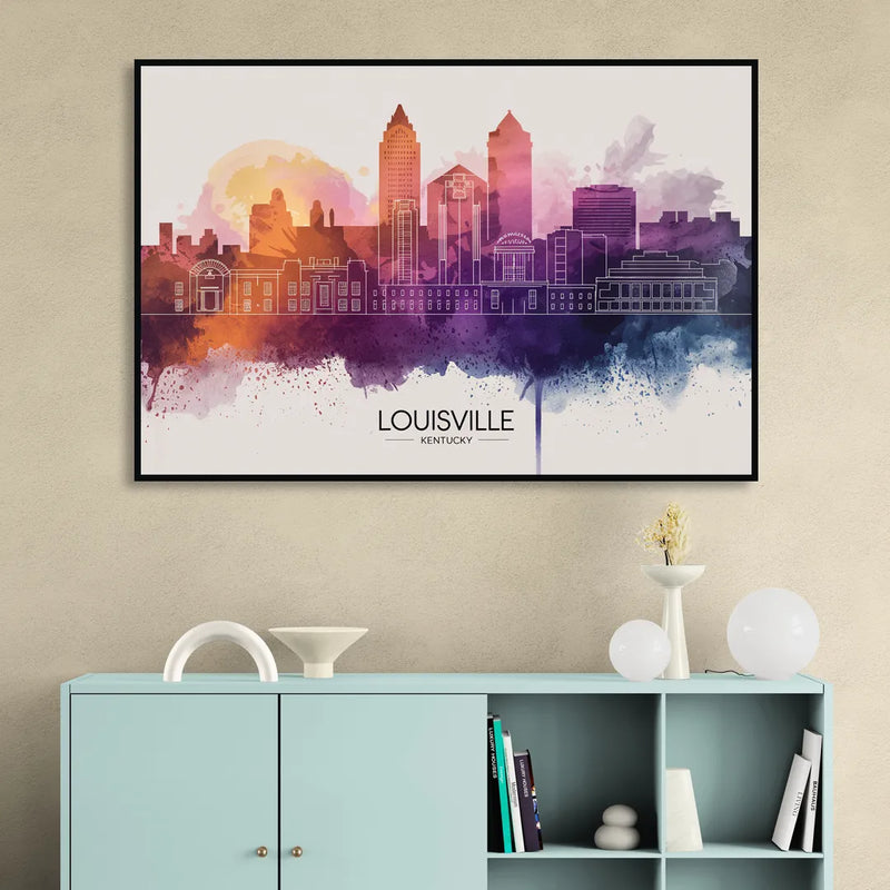 Louisville Sunset Over Skyline Sitting Room - Black Canvas Wall Art