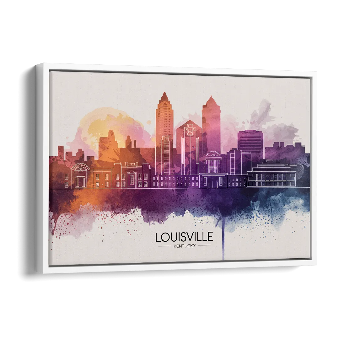 Louisville Sunset Over Skyline Side - White Canvas Wall Art