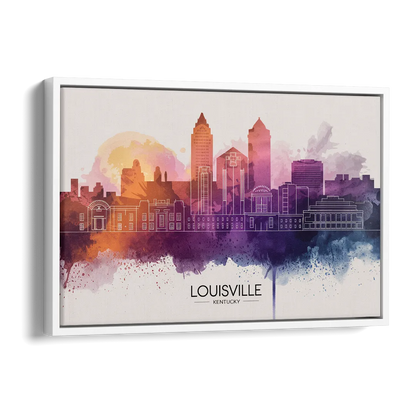 Louisville Sunset Over Skyline Side - White Canvas Wall Art