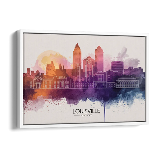 Louisville Sunset Over Skyline Side - White Canvas Wall Art