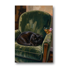Lounge Wall Art with a Black Cat and Martini - Canvas Wall Art - Front