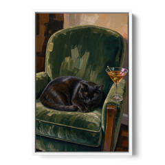 Lounge Wall Art with a Black Cat and Martini - White Framed Canvas Wall Art - Front