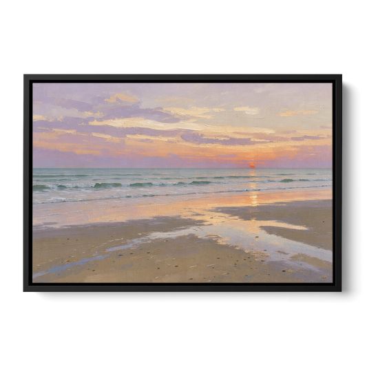 Low Tide Sunset with Lavender Sky - Black Framed Canvas Wall Art - Front