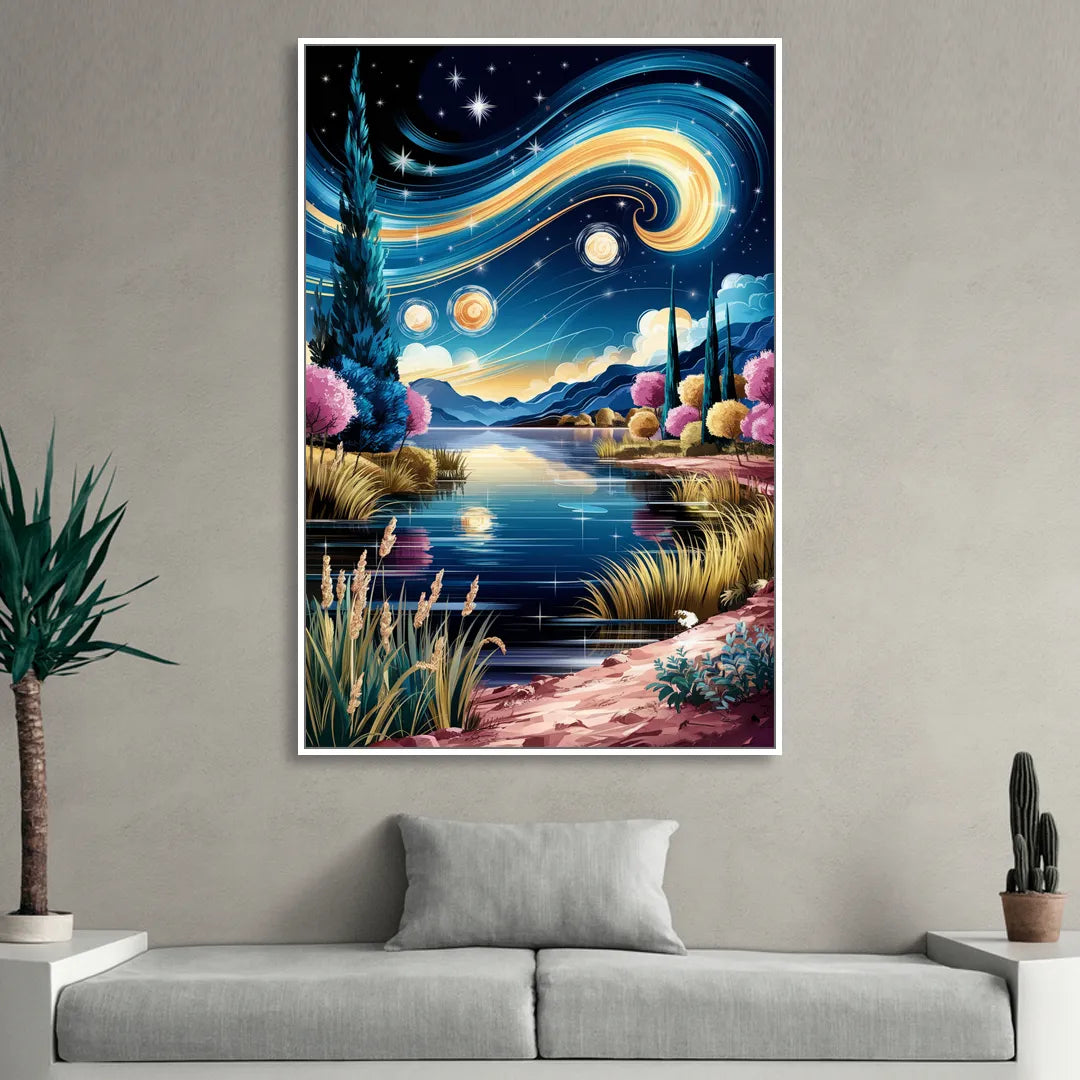 Lubbock Starry Night Sky Living Room - White Canvas Wall Art