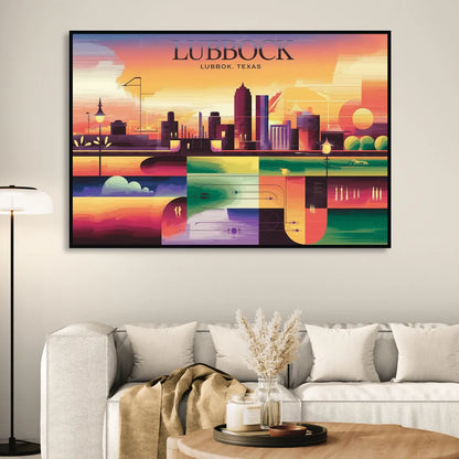 Lubbock Vibrant Cityscape Living Room - Black Canvas Wall Art