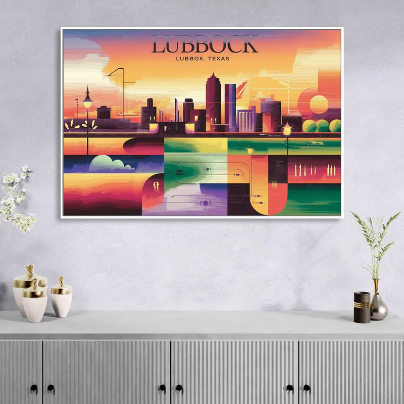 Lubbock Vibrant Cityscape Living Room - White Canvas Wall Art