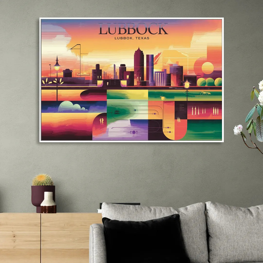 Lubbock Vibrant Cityscape Sitting Room - White Canvas Wall Art