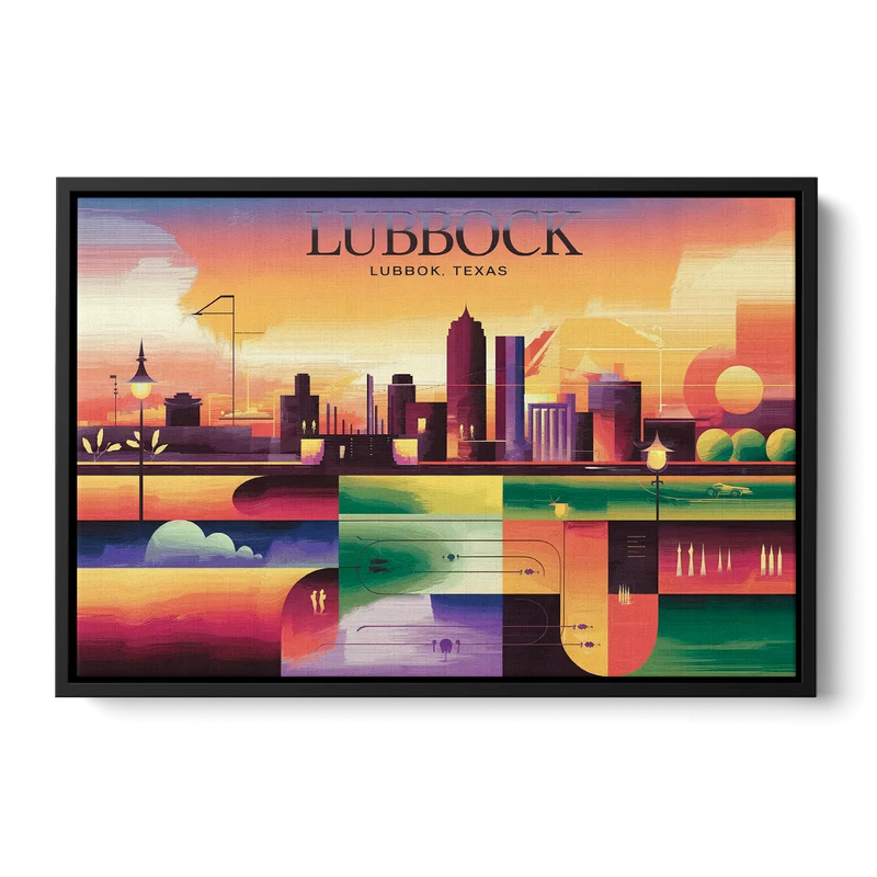 Lubbock Vibrant Cityscape Front - Black Canvas Wall Art
