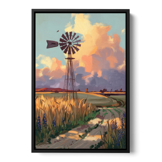 Lubbock Windmill Scene - Black Framed Canvas Wall Art - Front