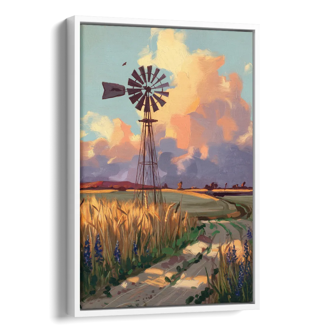 Lubbock Windmill Scene Side - White Canvas Wall Art