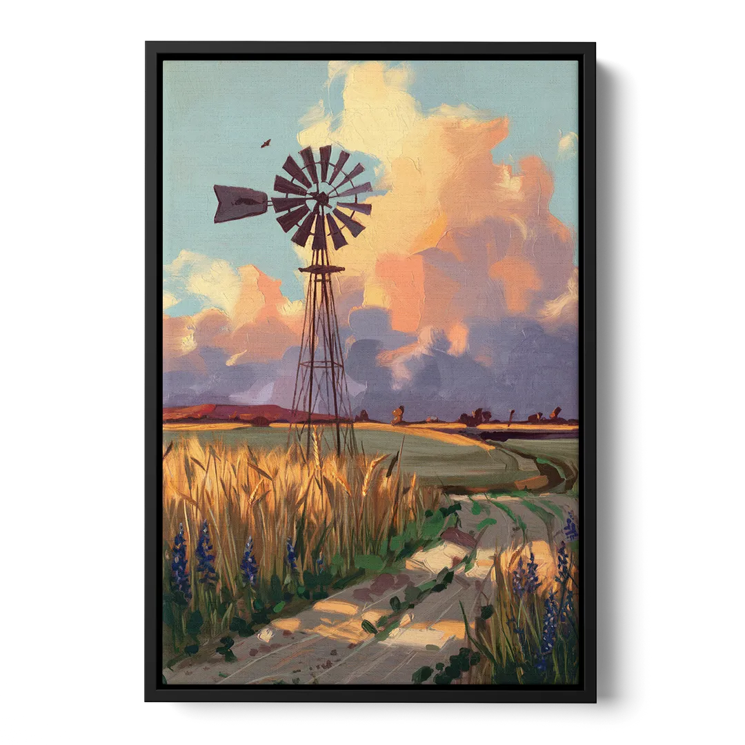 Lubbock Windmill Scene Front - Black Canvas Wall Art