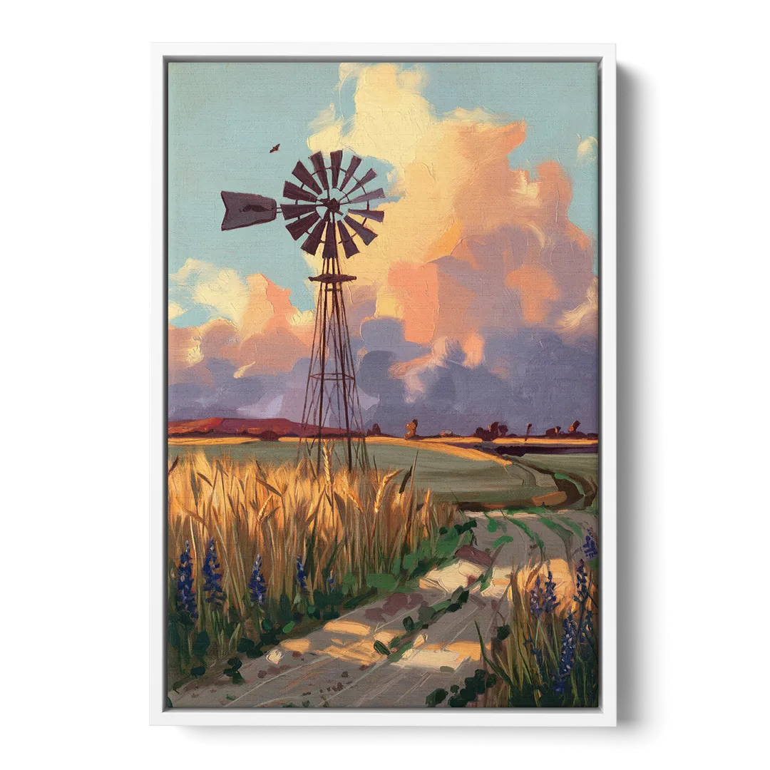 Lubbock Windmill Scene Front - White Canvas Wall Art