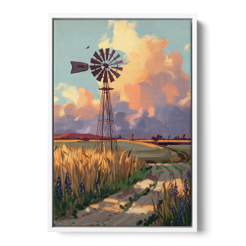 Lubbock Windmill Scene Front - White Canvas Wall Art
